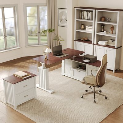 Office Furniture Set: Bookshelf, Standing L-Shaped Desk and Filing Cabinet