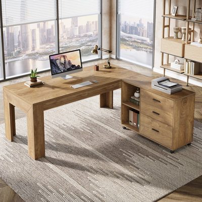 L-Shaped Executive Office Desk with Storage and Mobile File Cabinet