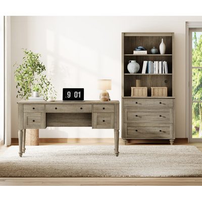 2-Piece Office Set, 56 Inch Executive Desk and Bookcase with Drawers, White