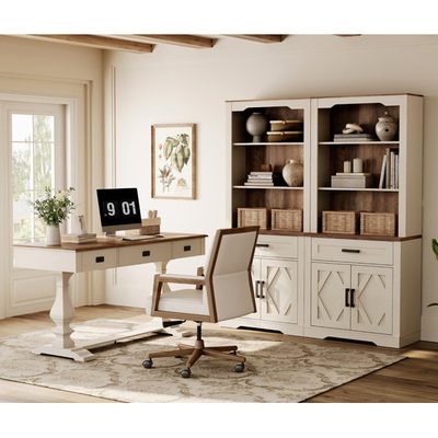 Laziza Modern Farmhouse Office Set, Vintage Desk and Open Shelf Bookcase