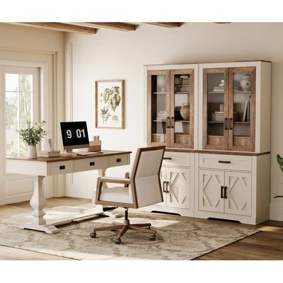 Laziza Modern Farmhouse Office Set, Vintage Desk and Glass Door Bookcase