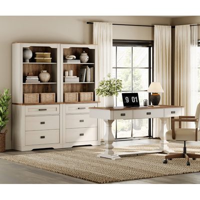 Home Office Set, 59 Inch Executive Desk with Power Hub and Open Shelf Bookcase