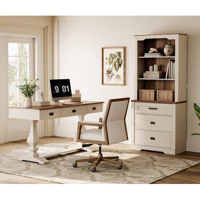 Modern Farmhouse Office Set, 59 Inch Executive Desk and Open Shelf Bookcase