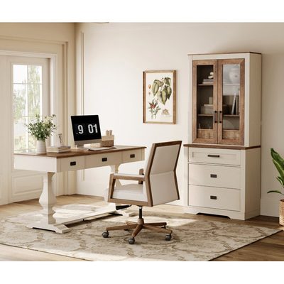Modern Farmhouse Office Set, 59 Inch Executive Desk and Glass Door Bookcase