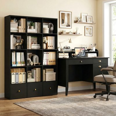 Complete Home Office Set, Black Oak Computer Desk with 4 Drawers