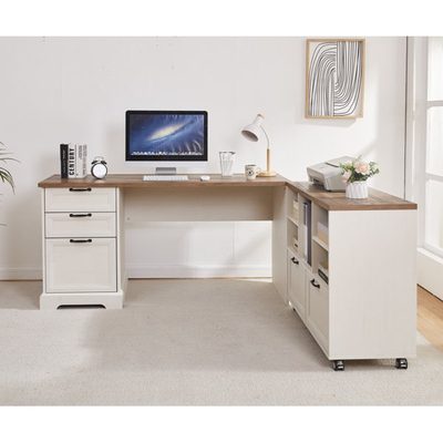 60 Inch L-Shaped Desk with File Cabinet and Built-In Power Outlets