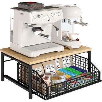 Countertop Coffee Bar Organizer with Drawer and Wire Basket