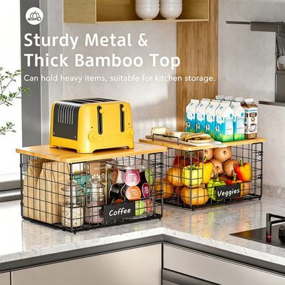 2-Pack Stackable Wire Storage Baskets with Bamboo Cutting Board Tops