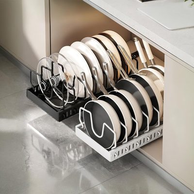 Carbon Steel Pull Out Pots and Pans Organizer with 8 Dividers