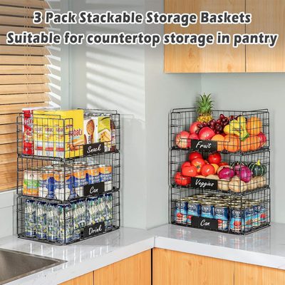 3-Pack XXL Stackable Wire Pantry Baskets with Handles