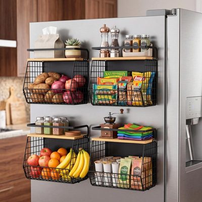 Magnetic Fridge Shelf with Wood Lid and Storage Bins