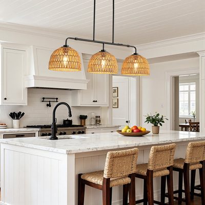 Buonomo 3-Light Rattan and Metal Dimmable Island Pendant