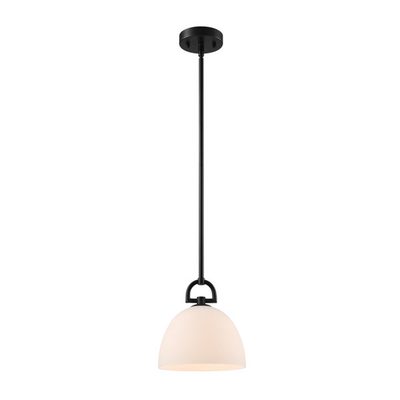 1-Light Matte Black Pendant with White Opal Glass Shade