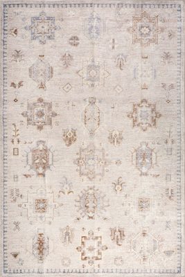 Brenda Hazy Heraldry Spill Proof Washable Rug – Beige