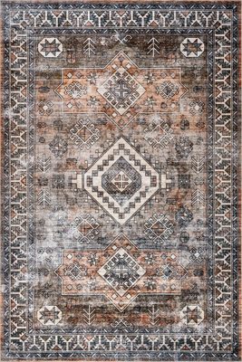 Faded Geometric Spill Proof Washable Rug – Rust