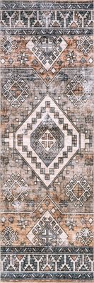 Faded Geometric Washable Rug – Rust