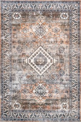 Faded Geometric Washable Rug – Rust