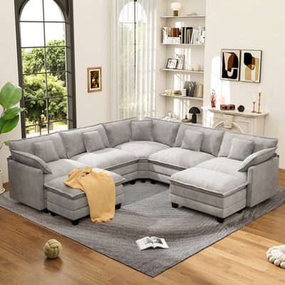 George 111.5" Modern 7-Seat Chenille U-Shaped Modular Sectional with Two Ottomans