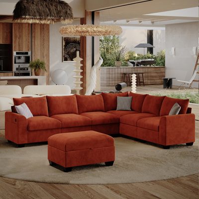 120" L-Shaped Modular Cloud Sectional, 6-Seater with Ottoman Storage