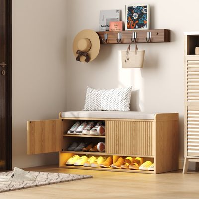 39 Inch Shoe Bench with Storage and LED Light
