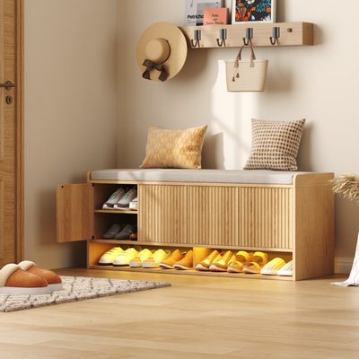 47 Inch Fluted Entryway Shoe Storage Bench with 4 Doors