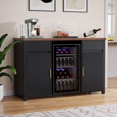 Large Fluted Coffee Bar Cabinet with Fridge Space and Wine Storage