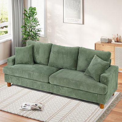 87" Corduroy 3-Person Sofa with Solid Wood Legs and 2 Pillows