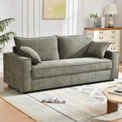 Traditional Upholstered Sofa with Square Armrests and 2 Throw Pillows