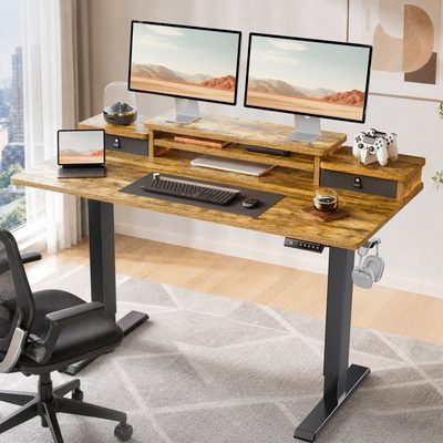 55" Electric Standing Desk with Monitor Shelf and 2 Drawers