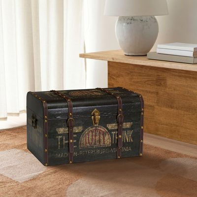Helina Large Decorative Trunk with Vintage Decoupage and Leather Straps