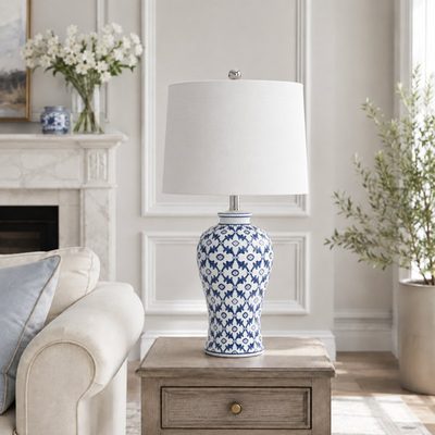 Loya 24.5" Blue and White Ceramic Table Lamp with 3-Way Dimming