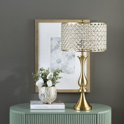 Brushed Gold Metal Table Lamp with Crystal Beaded Drum Shade