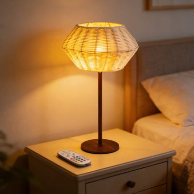 15.75" Vintage Woven Rattan Table Lamp with Rechargeable Bulb