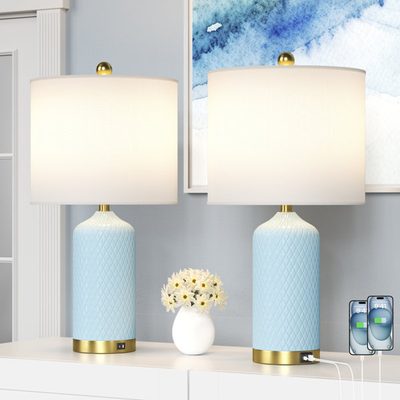 22" Ceramic and Metal Table Lamp with USB Ports