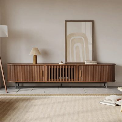 Mid-Century Modern Sliding Door TV Stand, Fully Assembled