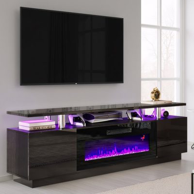 Bhhatu 70" 2-Tier High Gloss TV Stand with Electric Fireplace