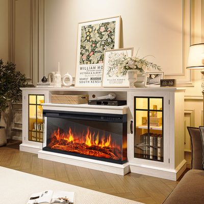 Farmhouse TV Stand with 36" Electric Fireplace and Glass Cabinet