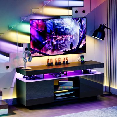 Modern Media Console with Outlet and RGB LED Light for TVs up to 65"