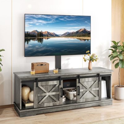 Farmhouse TV Stand with Mount, 3 Height Adjustments and Sliding Barn Doors for 32-70" TVs