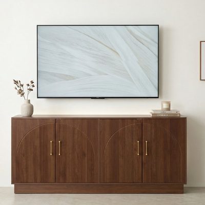 65" Mid-Century Modern Fluted TV Stand with Storage, Walnut Brown