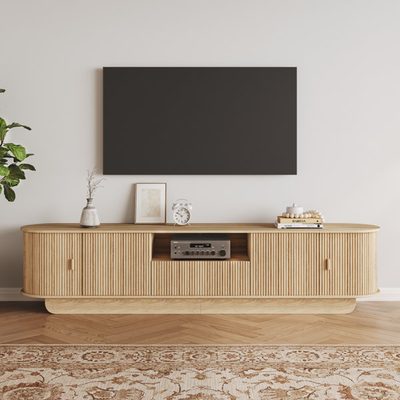 86.6" Curved Fluted TV Stand with Sliding Doors for 85" TVs