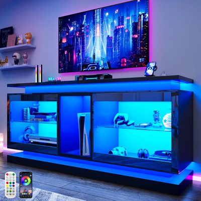 Modern High Gloss Entertainment Center with LED Lights and Power Outlet