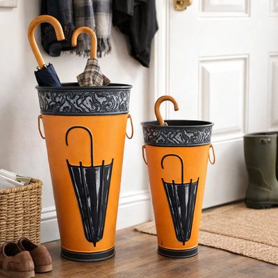 Metal Umbrella Stands with Engraved Artwork, Set of 2