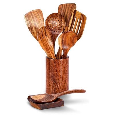 9-Piece Wooden Kitchen Utensil Set with Holder and Spoon Rest