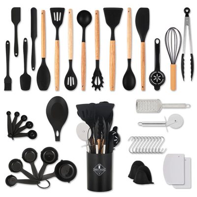 43-Piece Silicone Cooking Utensil Set with Wooden Handles