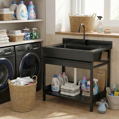 45 Inch Stainless Steel Freestanding Utility Sink with Pull-Out Faucet