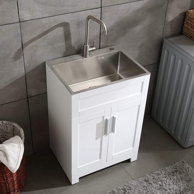 24" White Laundry Cabinet with Faucet and Stainless Steel Sink