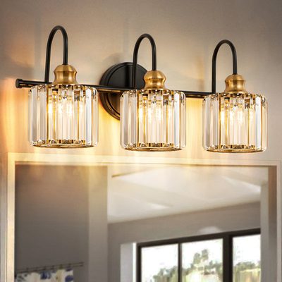 Gjystina 3-Light Dimmable Gold and Black Crystal Vanity Light
