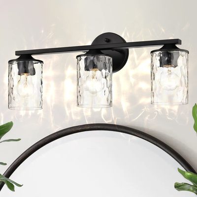 21.25" 3-Light Matte Black Vanity Light with Hammered Glass Shades