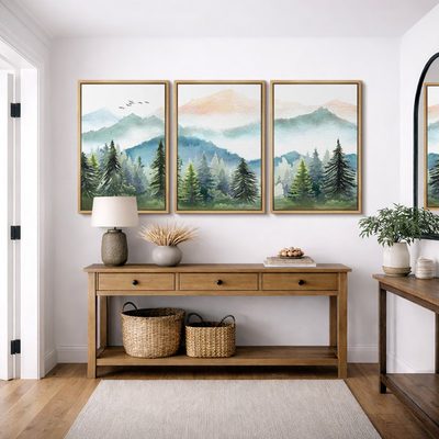 Woodland Forest Landscape Green Watercolor Pastel Mountain